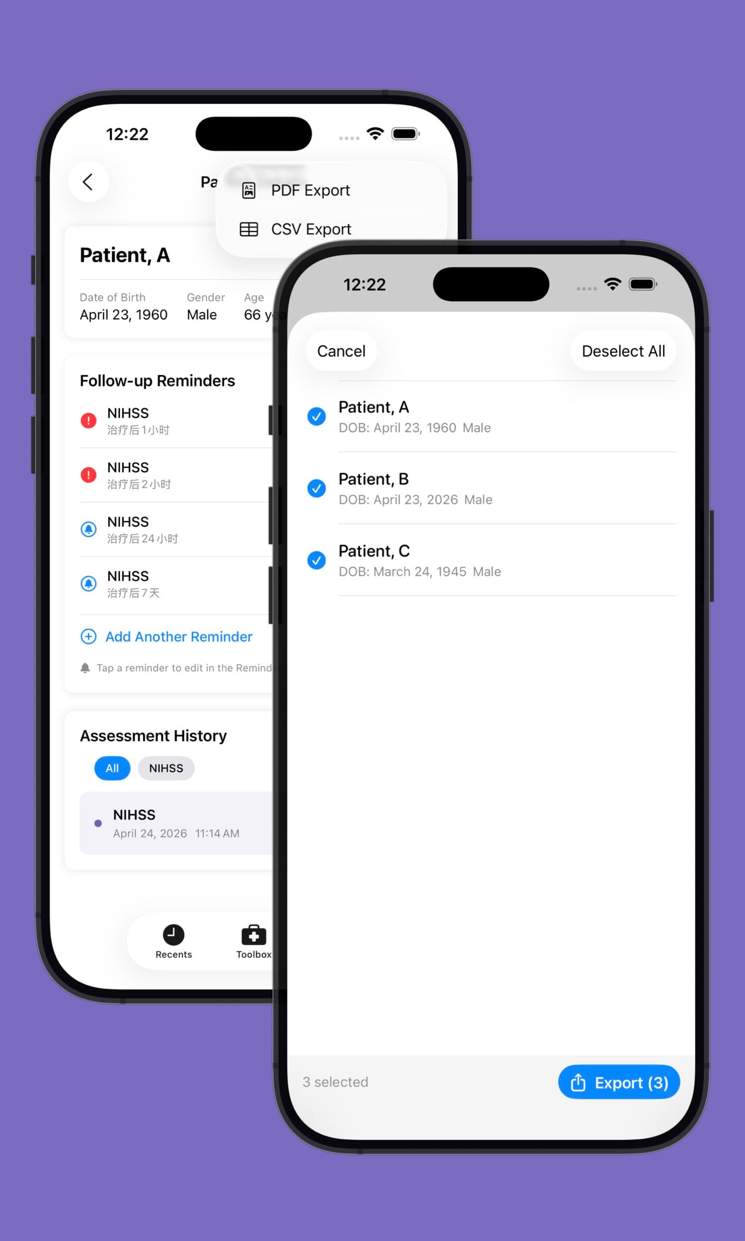 Export One or All Patients as CSV or PDF